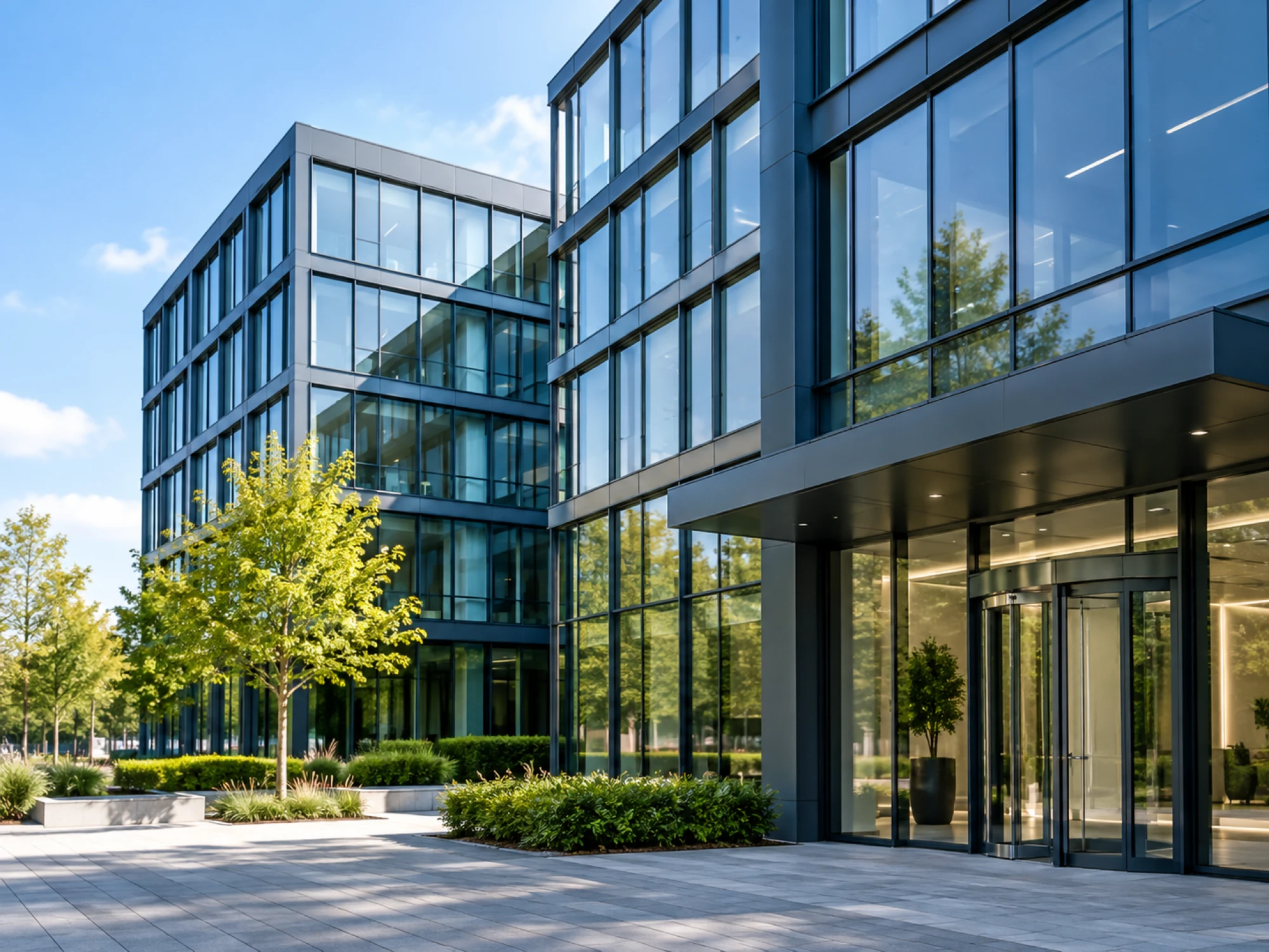 Modernes Bürogebäude mit Glasfassade, betreut von Panda Facility Services