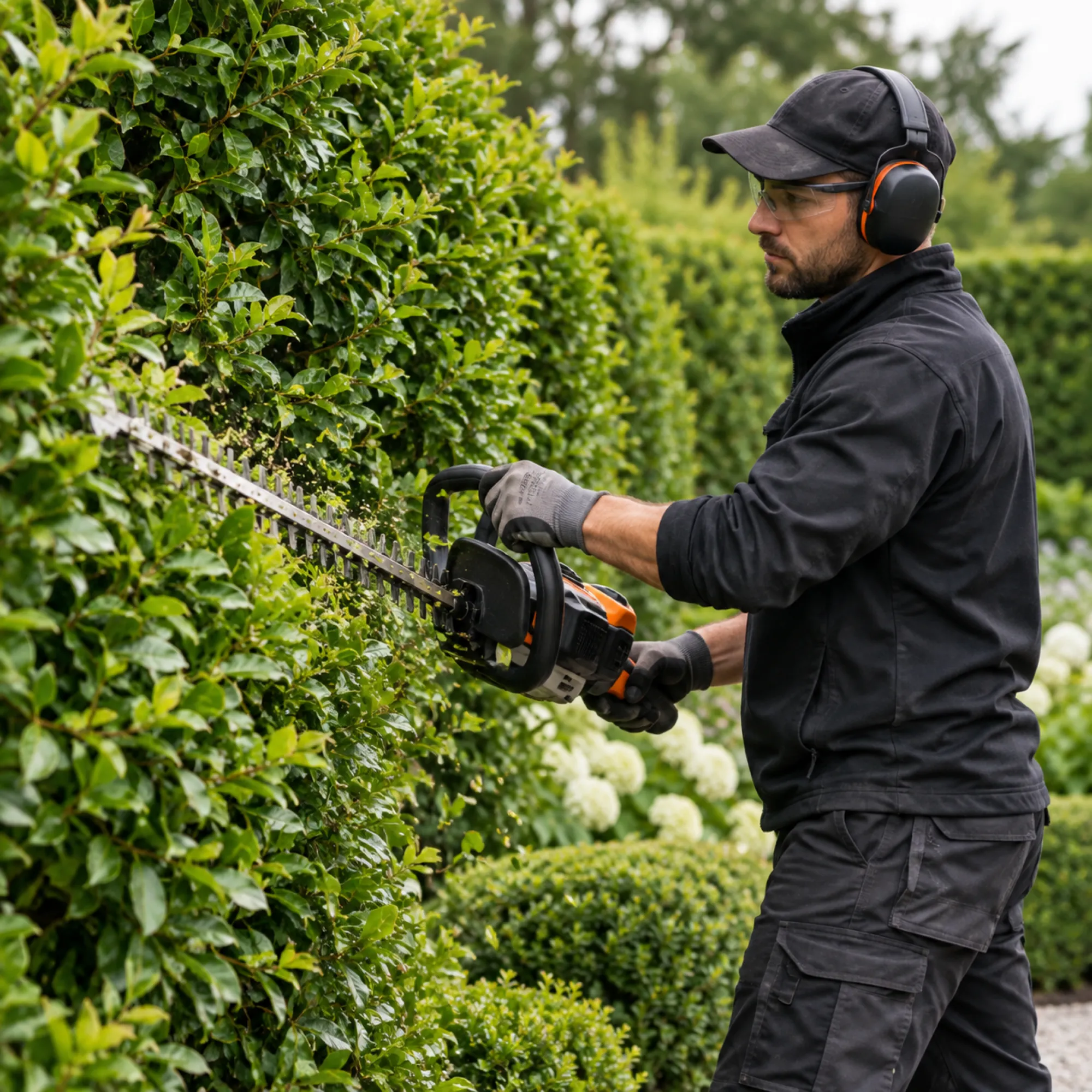 Mitarbeiter schneidet mit der Heckenschere die Hecke einer Außenanlage