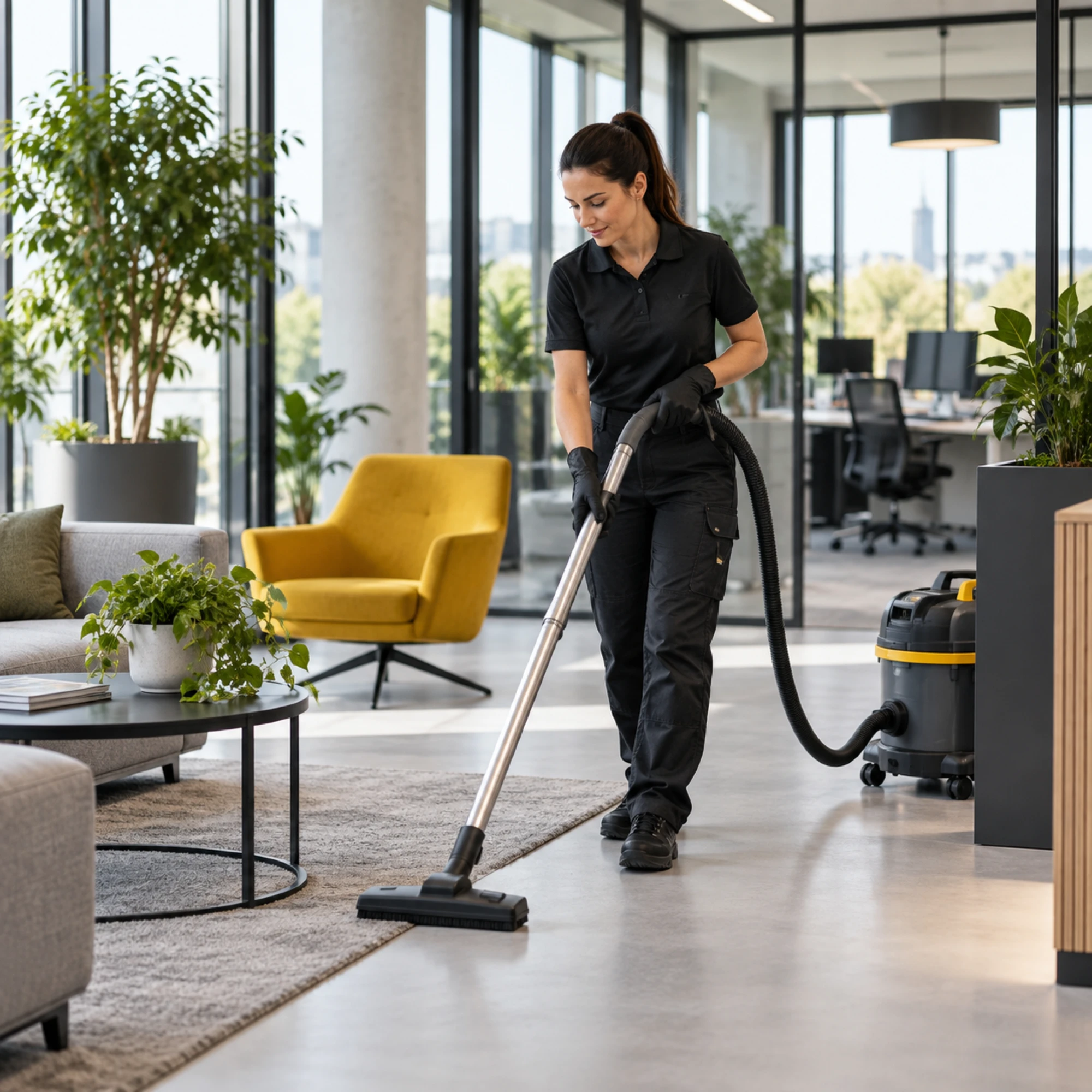 Reinigungskraft von Panda Facility Services saugt den Teppich in einem Büro in Wiesbaden