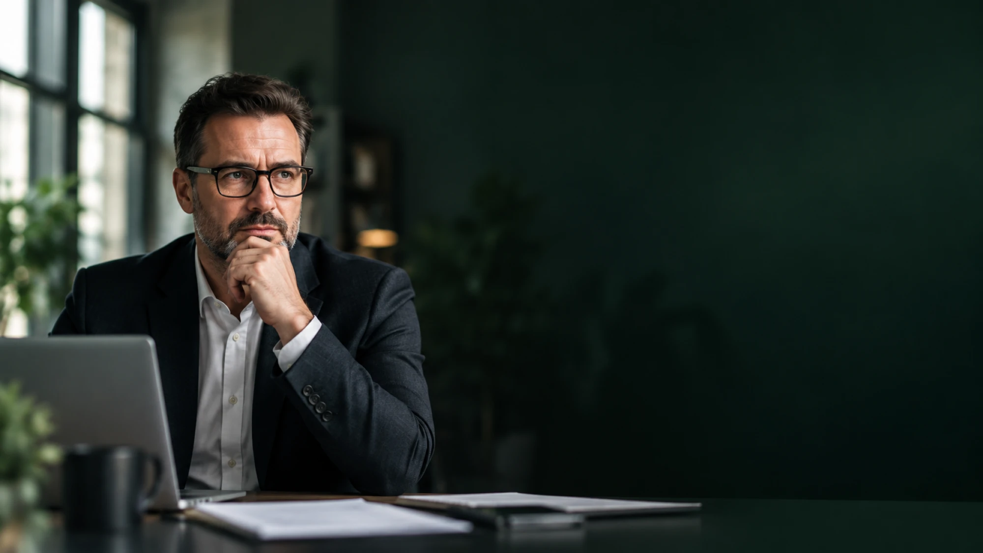 Nachdenklicher Hausverwalter am Schreibtisch