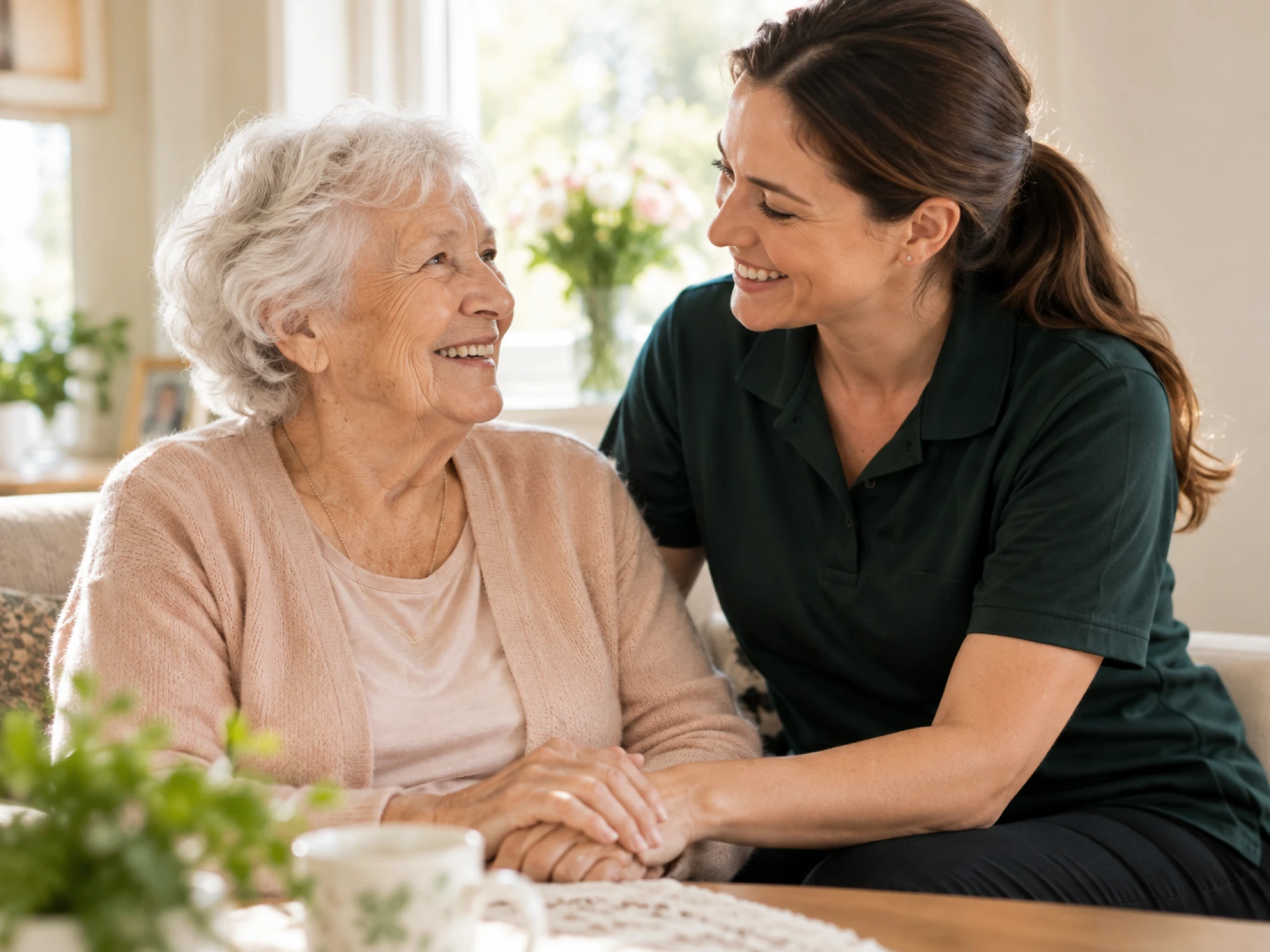 Mitarbeiterin unterstützt eine Seniorin zu Hause im Alltag